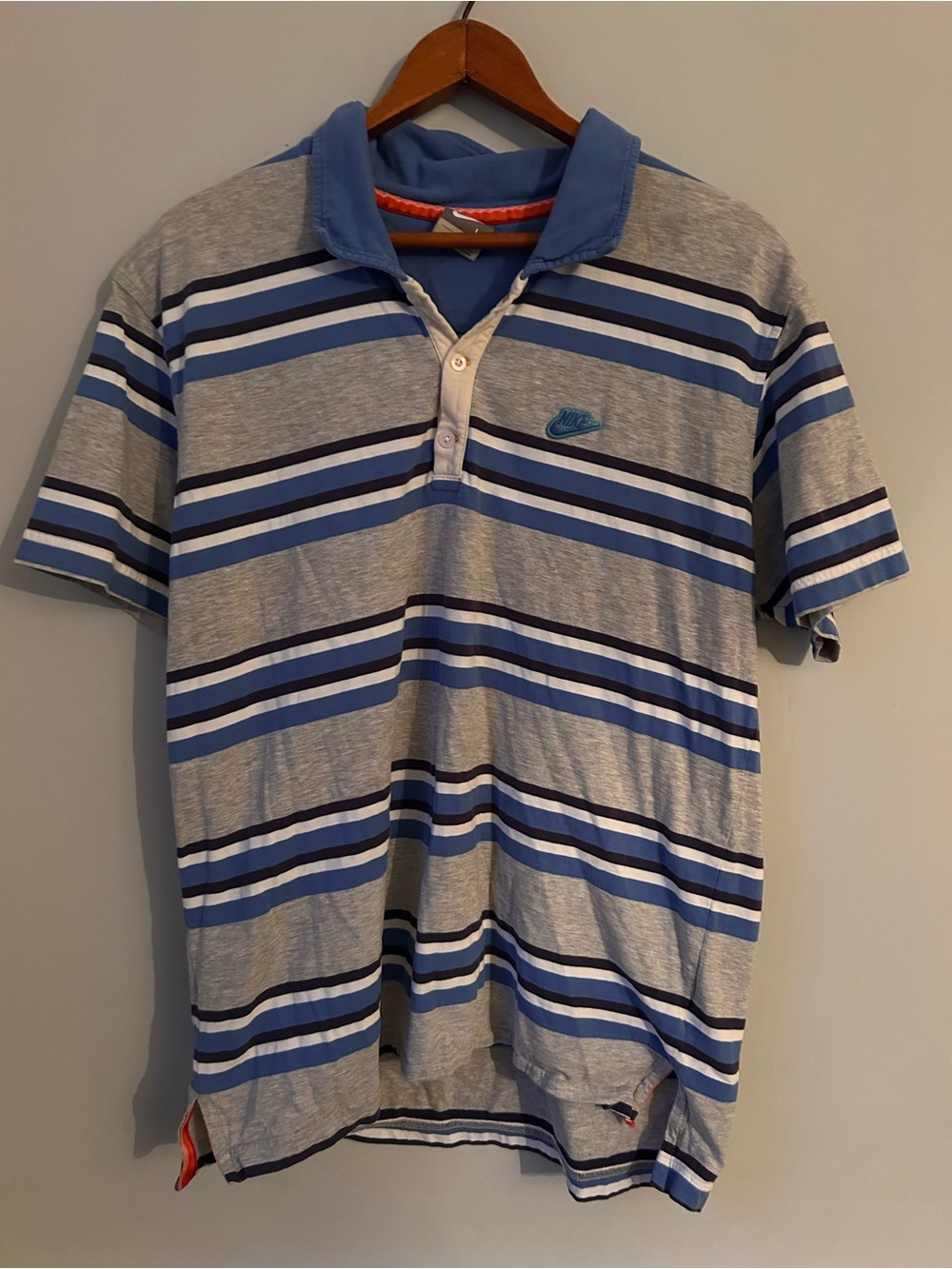 VINTAGE Nike Fits Like LG Polo Shirt Mens Blue & Gray Striped 90s Label